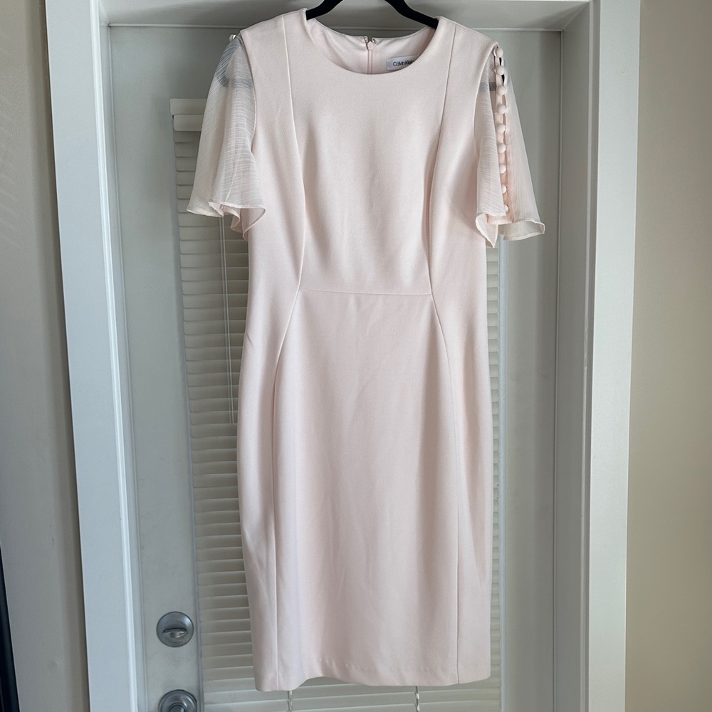 Calvin Klein Light Pink Midi Dress with Sheer Sleeves